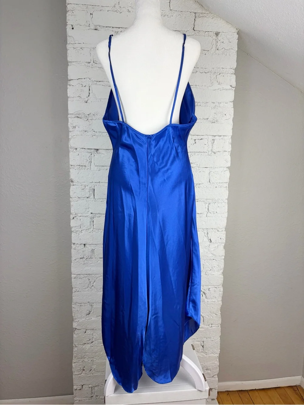 Delicates VTG Royal Blue Satin Black Lace Midi Slip Lingerie Nightie Dress Large - Picture 5 of 10